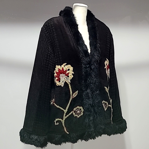 Flashback Vintage Embroidered Faux Fur Black Coat Jacket Size L - Picture 3 of 15